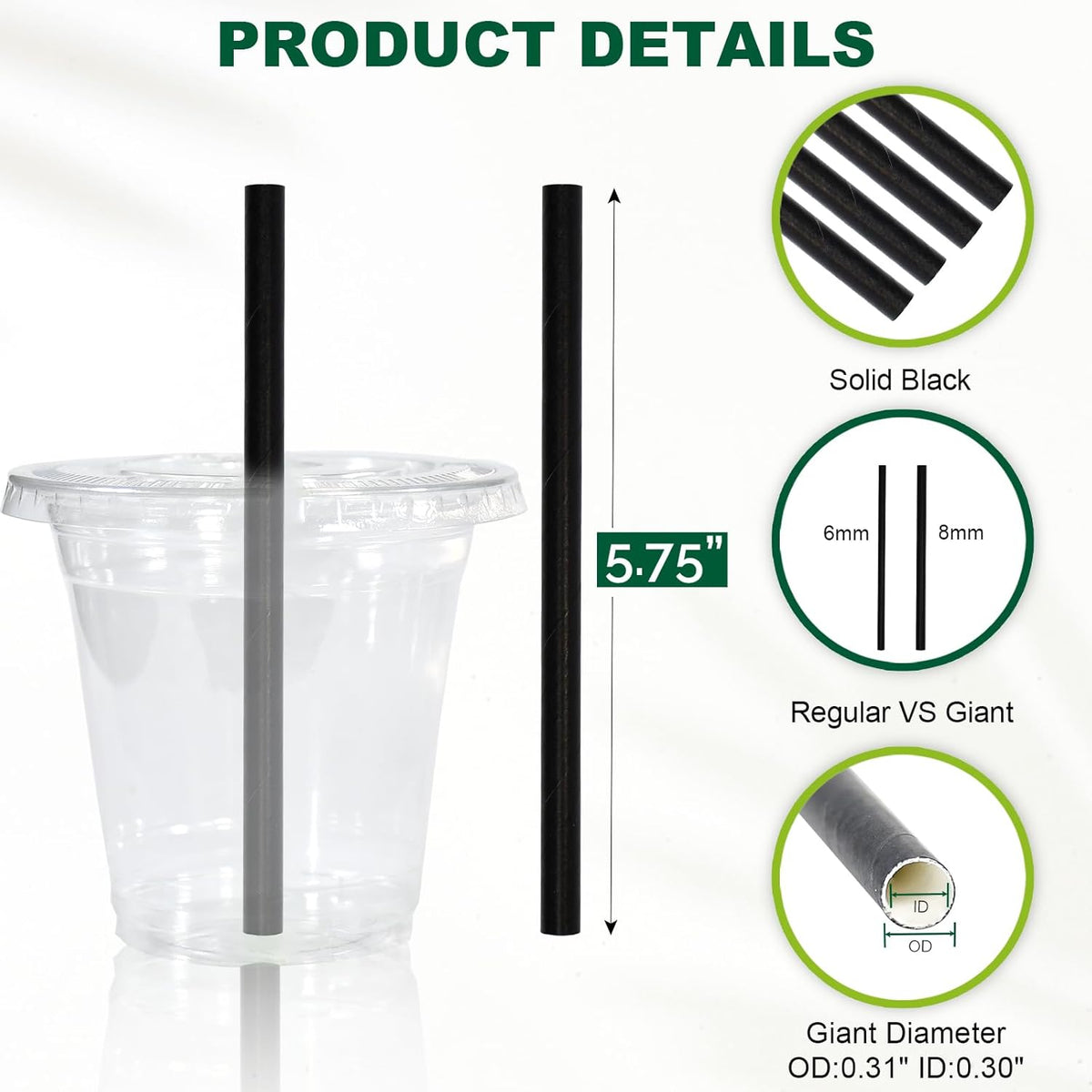 5.75 inch 8mm Wide Short Black Paper Drinking Straws Disposable for Lowball Glasses, Blended