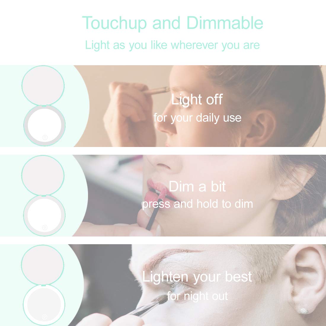 Compact Mirror with LED Light,1x/10x Magnifying Rechargeable Mirror,3.5in, Dimmable Travel Mirror