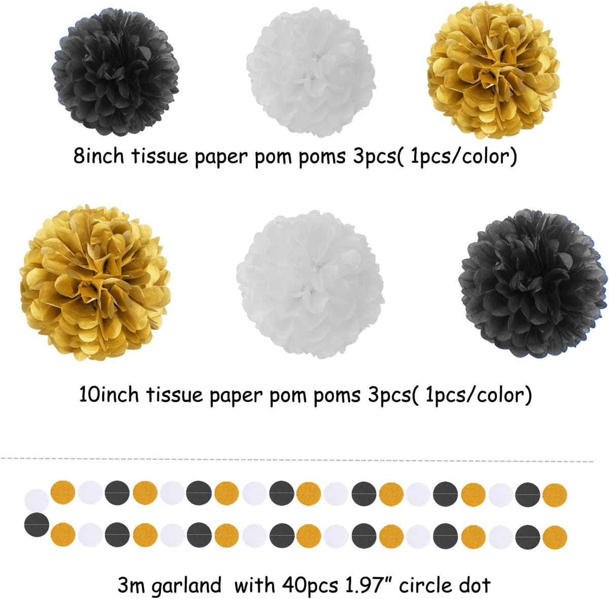 Black Gold Graduation Party Decorations - 23pcs Kits Farewell Tissue Pom Poms Flowers,Streamers