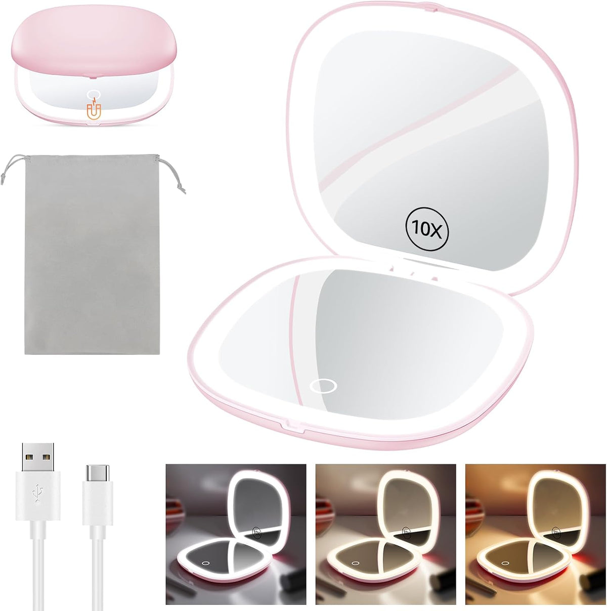 Benbilry 3.9" Rechargeable Compact Makeup Mirror with 3 Light Colors and Magnification 1X / 10X
