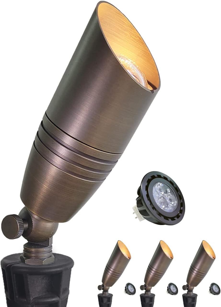 MALORY Brass Landscape Spotlights 4-Pack with Bulb Kit(S02), Low Voltage 12V AC/DC LED Outdoor Spot