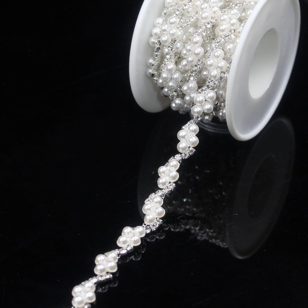 PEARLY JUN 2 Yards Pearl Rhinestone Trim Chain Silver Crystal Fringe Diamond Applique Ribbon String