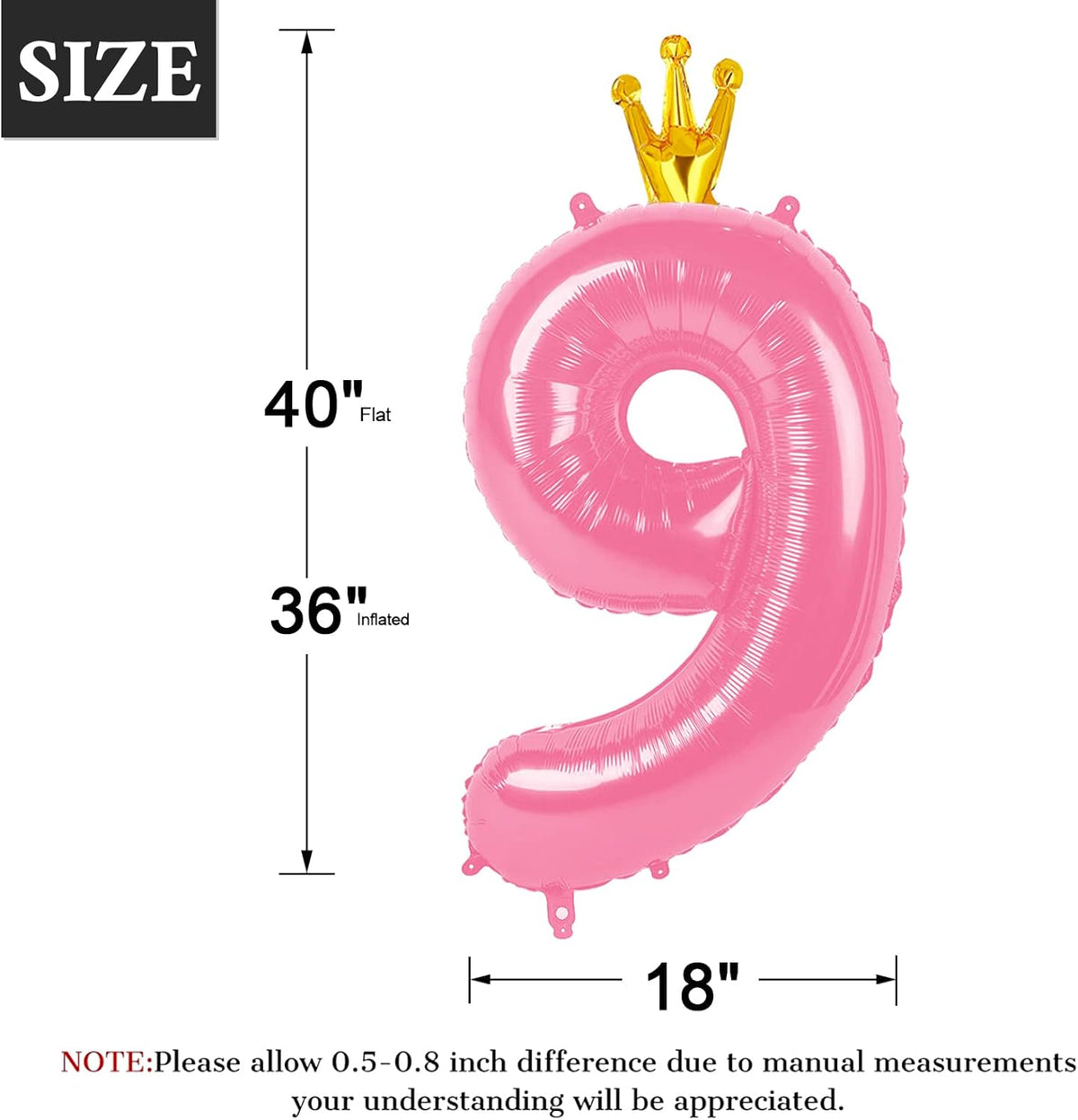 40 Inch Pink Number Balloon 0-9(Zero-Nine) with Crown, Big Size Happy Birthday Balloon, Foil Helium