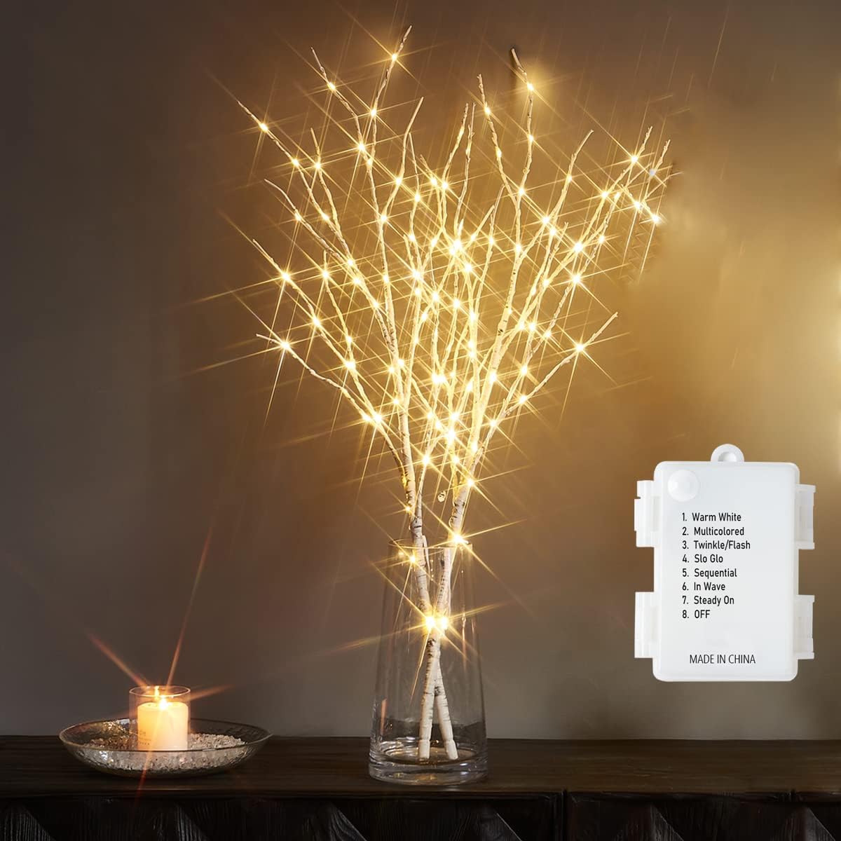 Fudios Lighted White Birch Branches with 100 Multicolor LED Fairy Lights 32in 8 Fuctions, Battery
