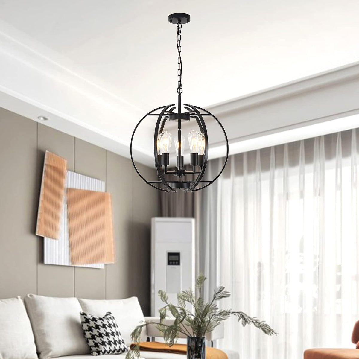 Large Lantern Globe Black Chandelier Lighting, Adjustable Hanging Ceiling Pendant 5 Light for