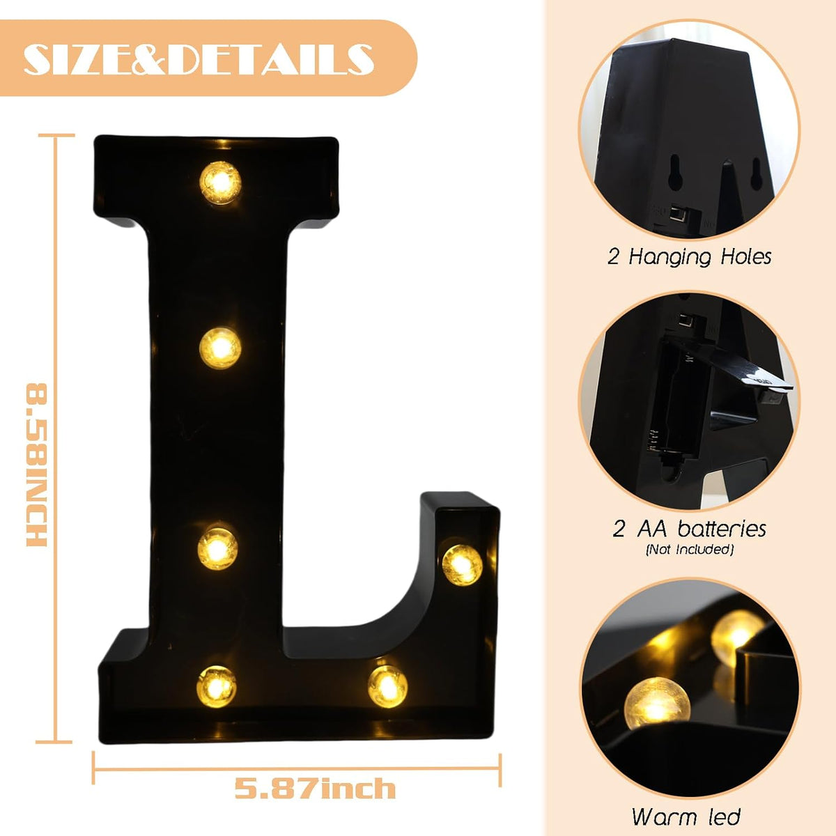 Led Marquee Letters, 8.58 Inch Black Light Up Letters, Small Led Letter Lights, Battery Powered