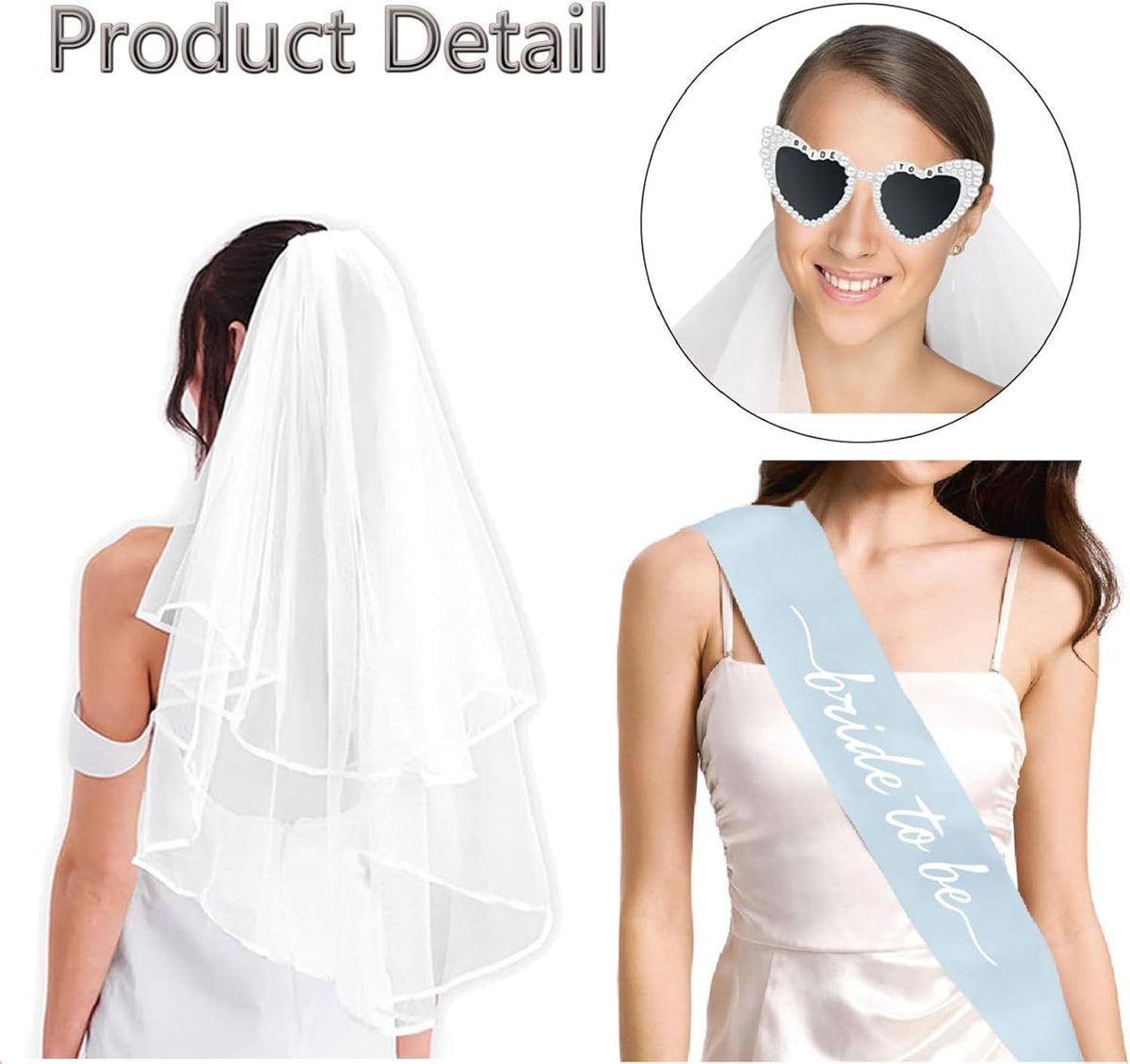 3PCS Blue Bride To Be Sash and Veils Bride to Be Heart Pearl Sunglasses for Bachelorette Bridal