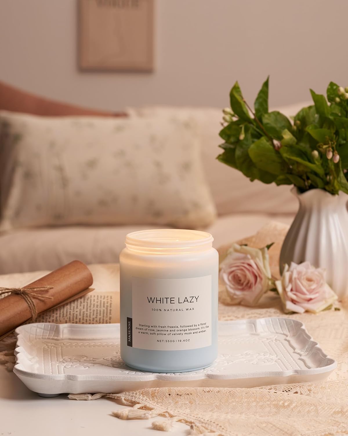 M&SENSE Spring Scented Candle, Jasmine Clean Cotton Soy Wax Large 19.4oz 110 Hour Long Lasting