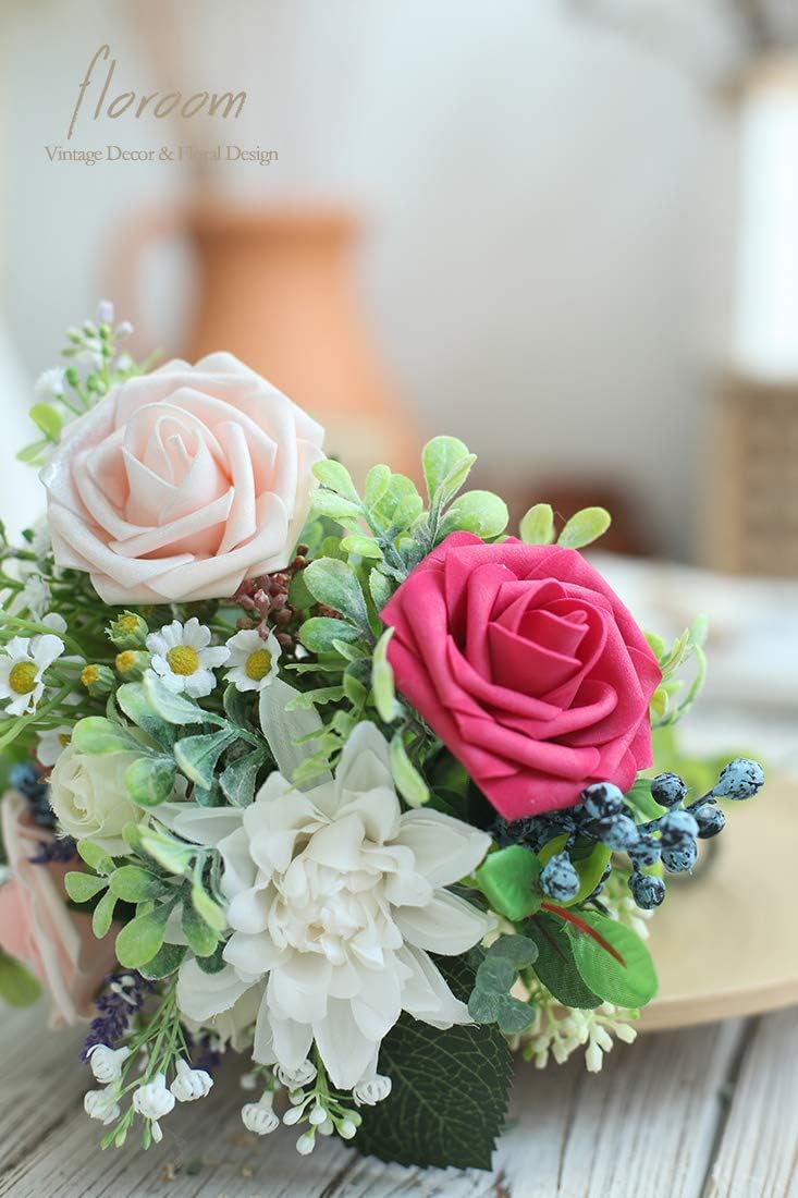 Floroom Artificial Flowers 50pcs Real Looking Fuchsia Foam Fake Roses with Stems for DIY Wedding