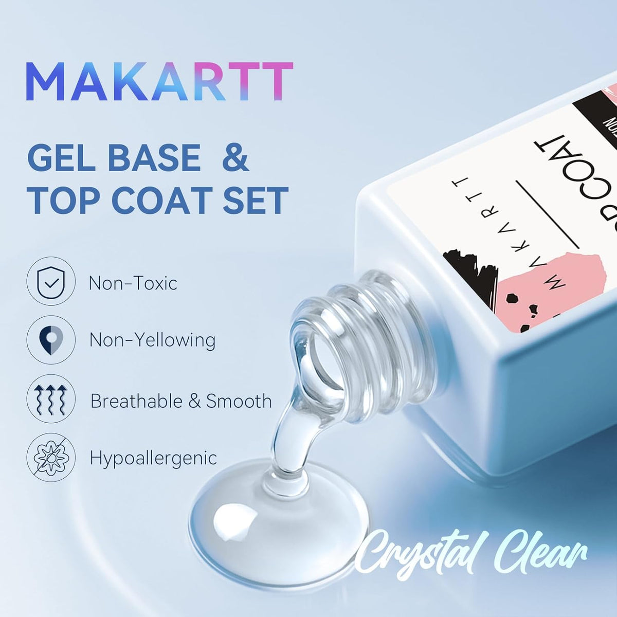 Makartt 2 Pcs Gel Top Coat and Base Coat Set - No Wipe Shine Finish Soak Off Base Top Coat Long
