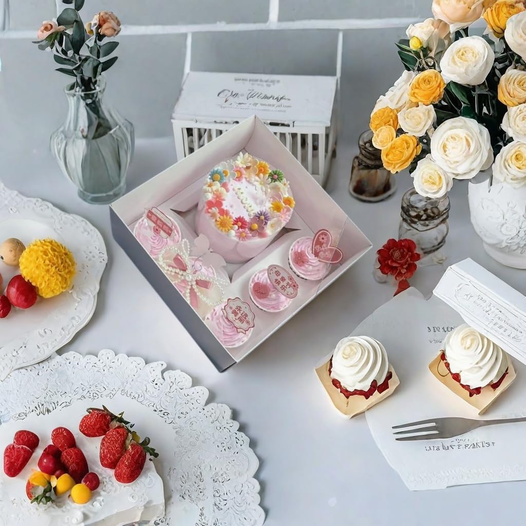 Bento Cake and Cupcake Box 2-in-1 4-inch Cake and 5 Cupcakes Box 5 Sets with One Wide Roll of
