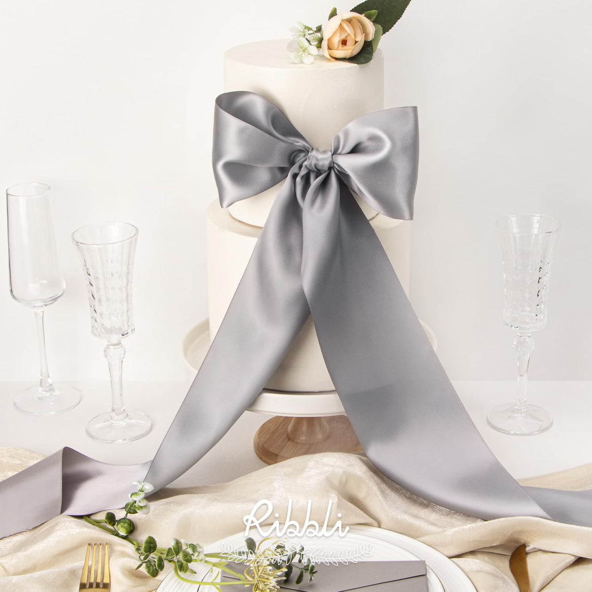 Ribbli Silver Satin Ribbon 4 Inch Wide Silver Ribbon for Wedding Chair Sash Grand Opening Ceremony