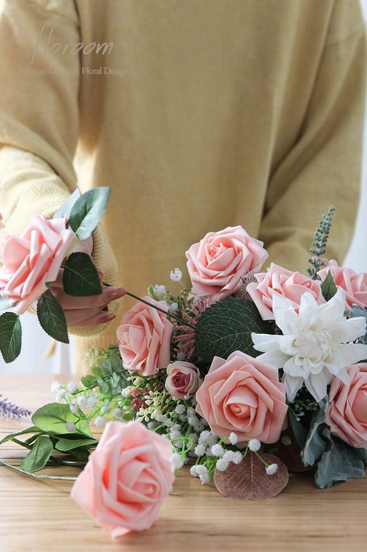 Floroom Artificial Flowers 50pcs Real Looking Peach Pink Foam Fake Roses with Stems for DIY Wedding