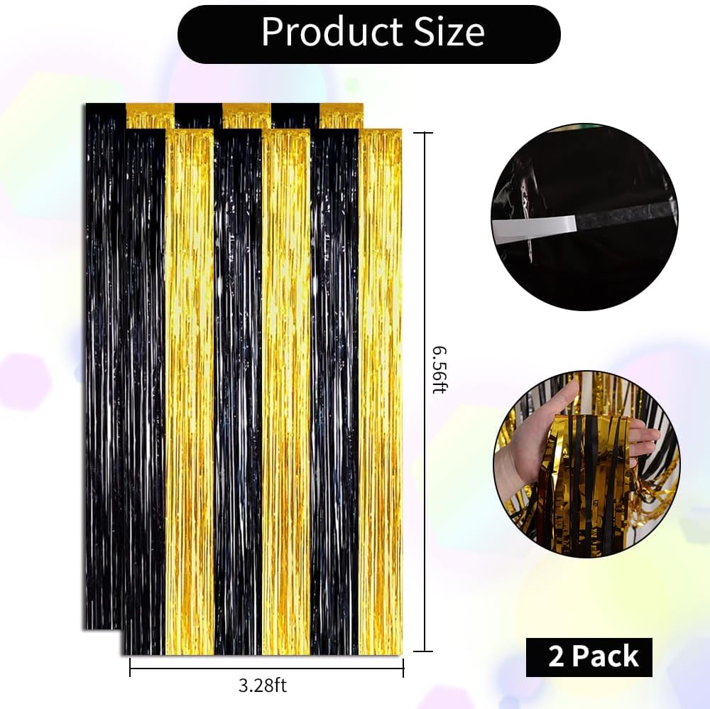 BEISHIDA 2Pcs Black Gold Door Streamers Congrats Grade 2025 Decoration Backdrop Foil Fringe Tinsel