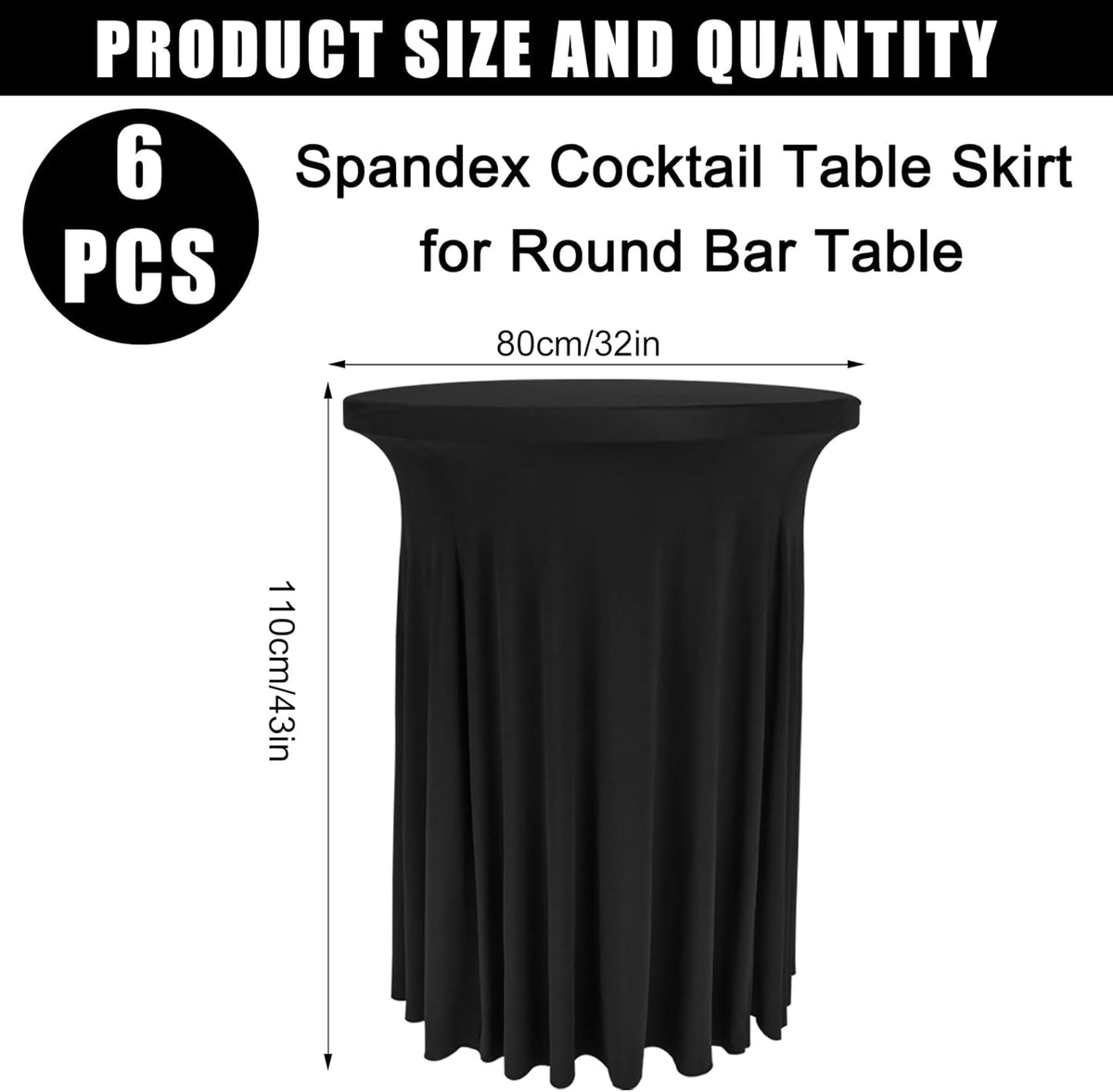 6 Pack Round Cocktail Tablecloth 32"x 43" Spandex Cocktail Table Skirt, Washable Stretch Fitted