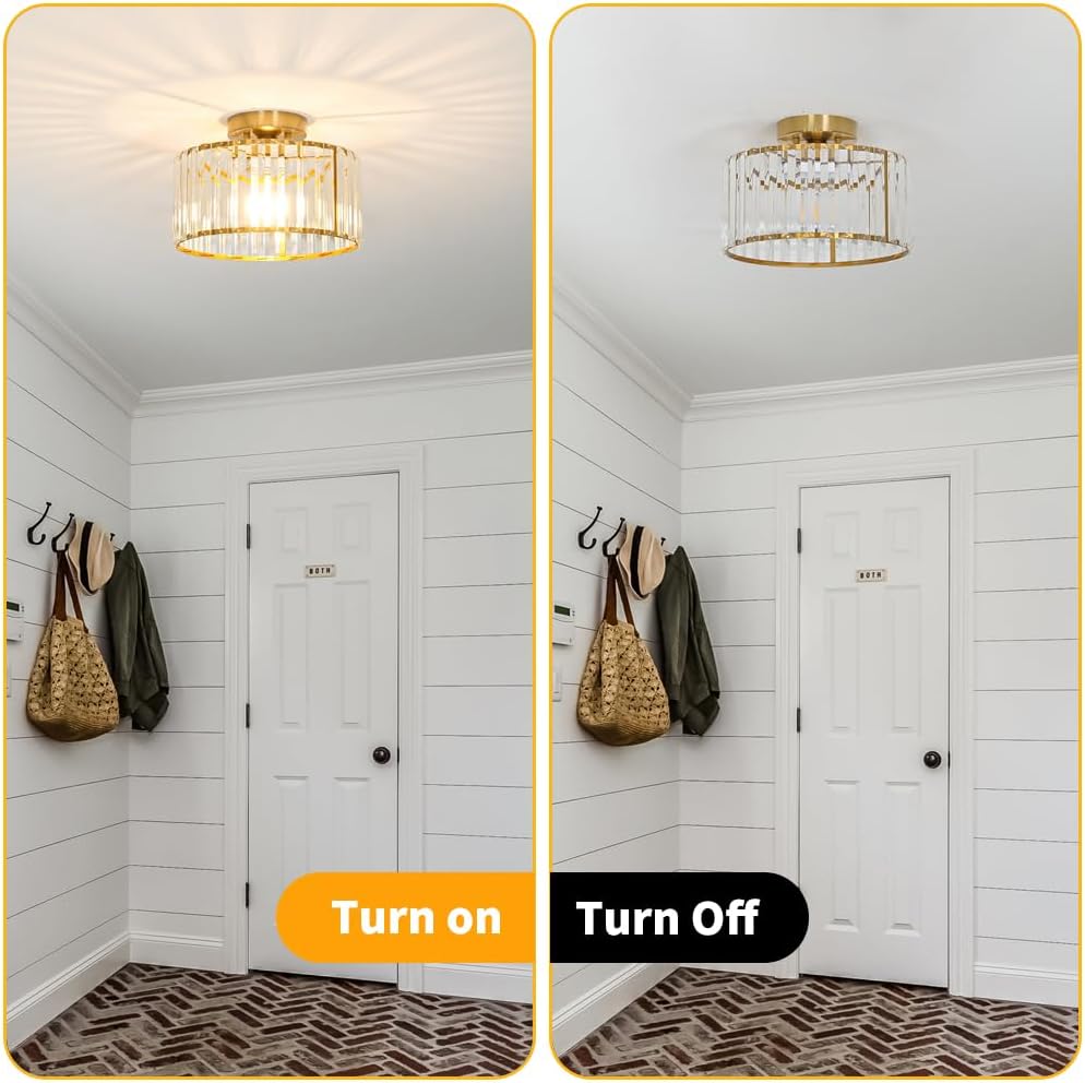 Crystal Ceiling Light Fixture, Modern Semi Flush Mount Ceiling Light, Gold Hallway Lighting
