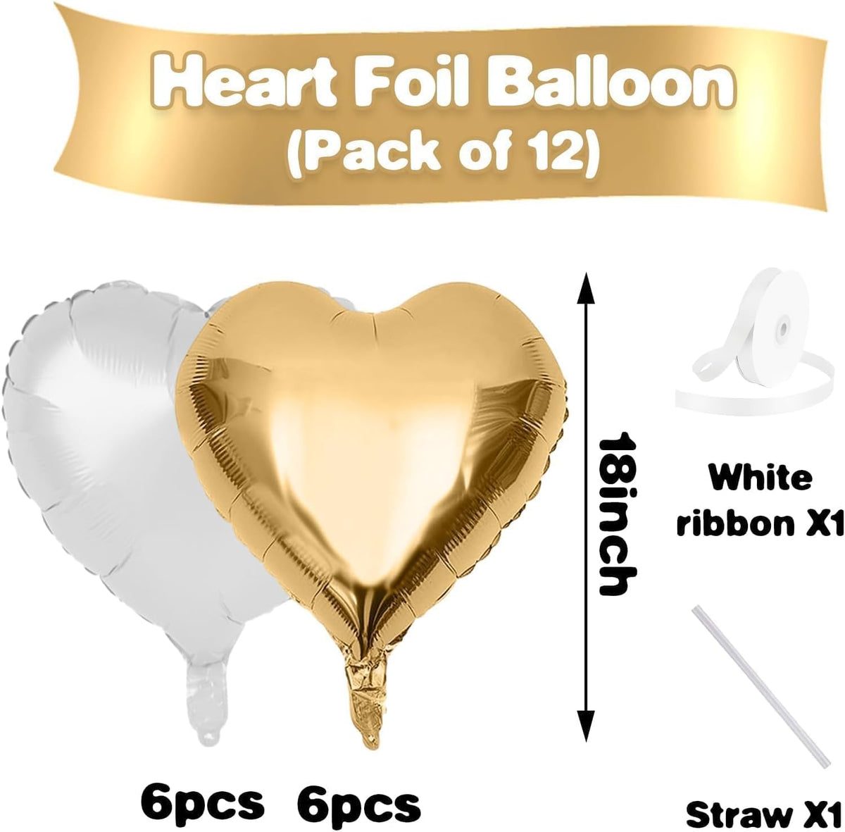 Gold White Heart Balloons,12Pcs 18 Inch Metallic Gold Cream Foil Love Heart Shaped Balloons for