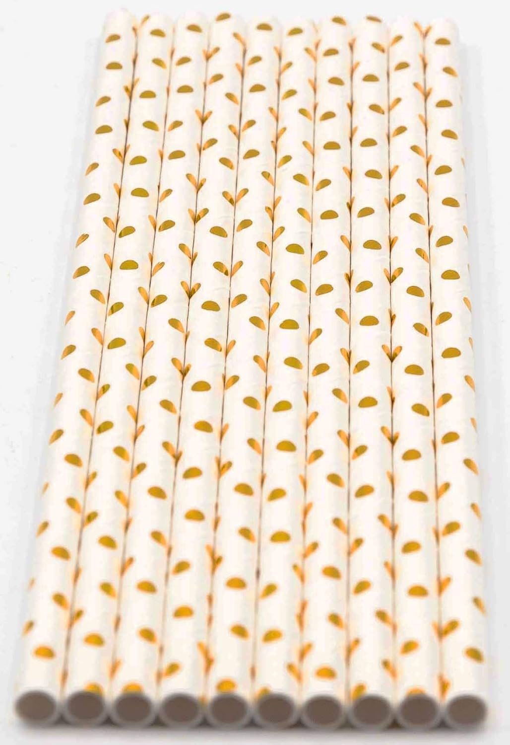 Pack of 300 Gold Polka Dot Foil Biodegradable 4-Ply Paper Drinking Straws (Compostable, Non-toxic