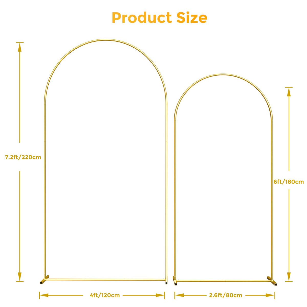 Metal Arch Backdrop Stand, 7.2FT+6FT Wedding Arch Frame, Gold Wedding Arch Backdrop Stand Set of 2