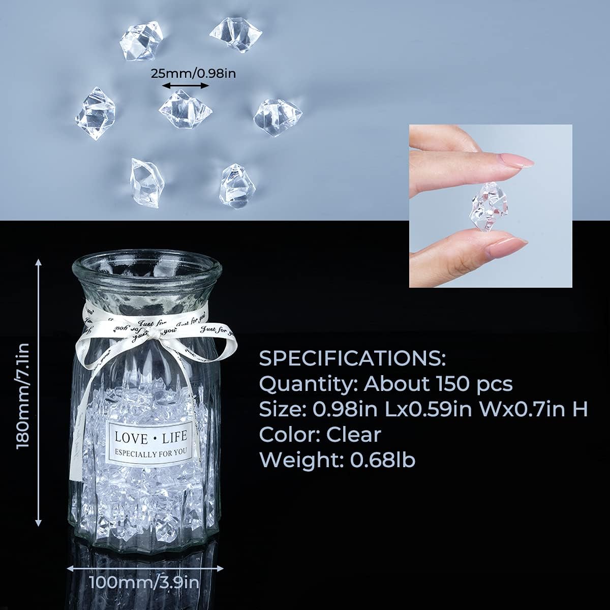 Acrylic Crushed Ice Rocks, Babenest 150 PCS Fake Crystals Plastic Ice Cubes Diamonds Gems for Vase