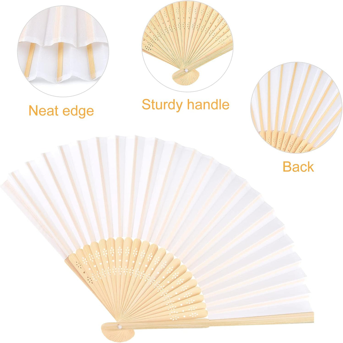 FEPITO 50 Pieces White Handheld Paper Fan Paper Folding Fans with Bamboos for Wedding Gift, Party
