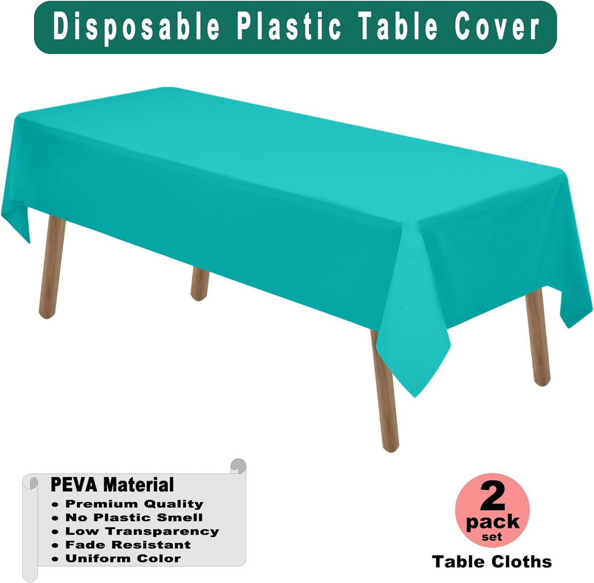 Aqua Blue Plastic Tablecloths 2 Pack Disposable Table Covers 54 x 108 Inch. Baby Shower Party
