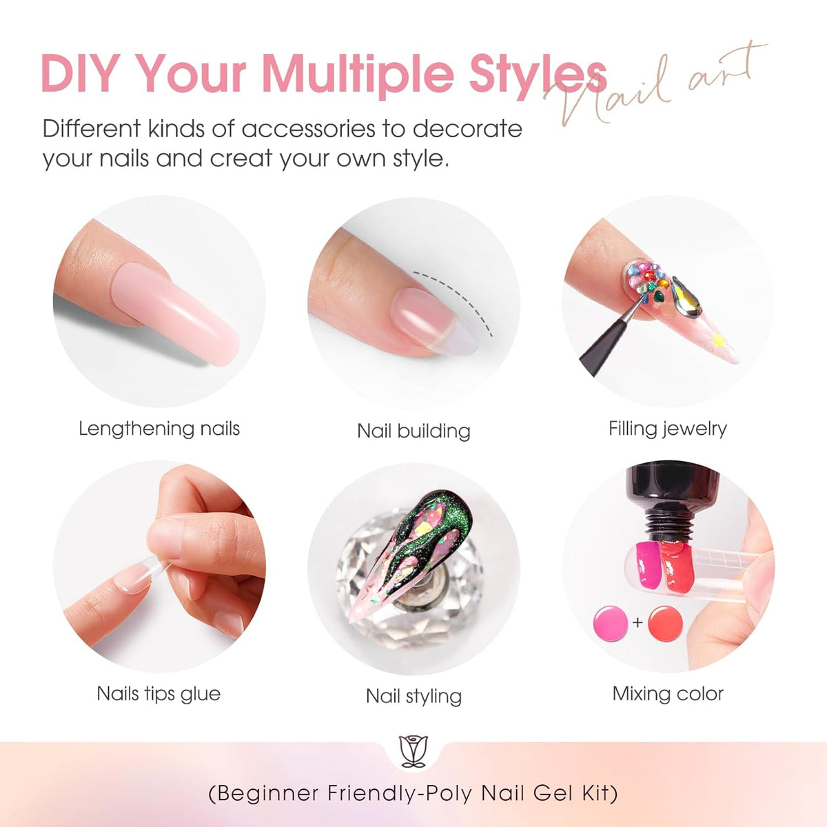 ROSALIND Poly Nail Gel Kit -14 Colors +72 Nail Art Accessories kit Nude Pink Poly Nails Gel Kit