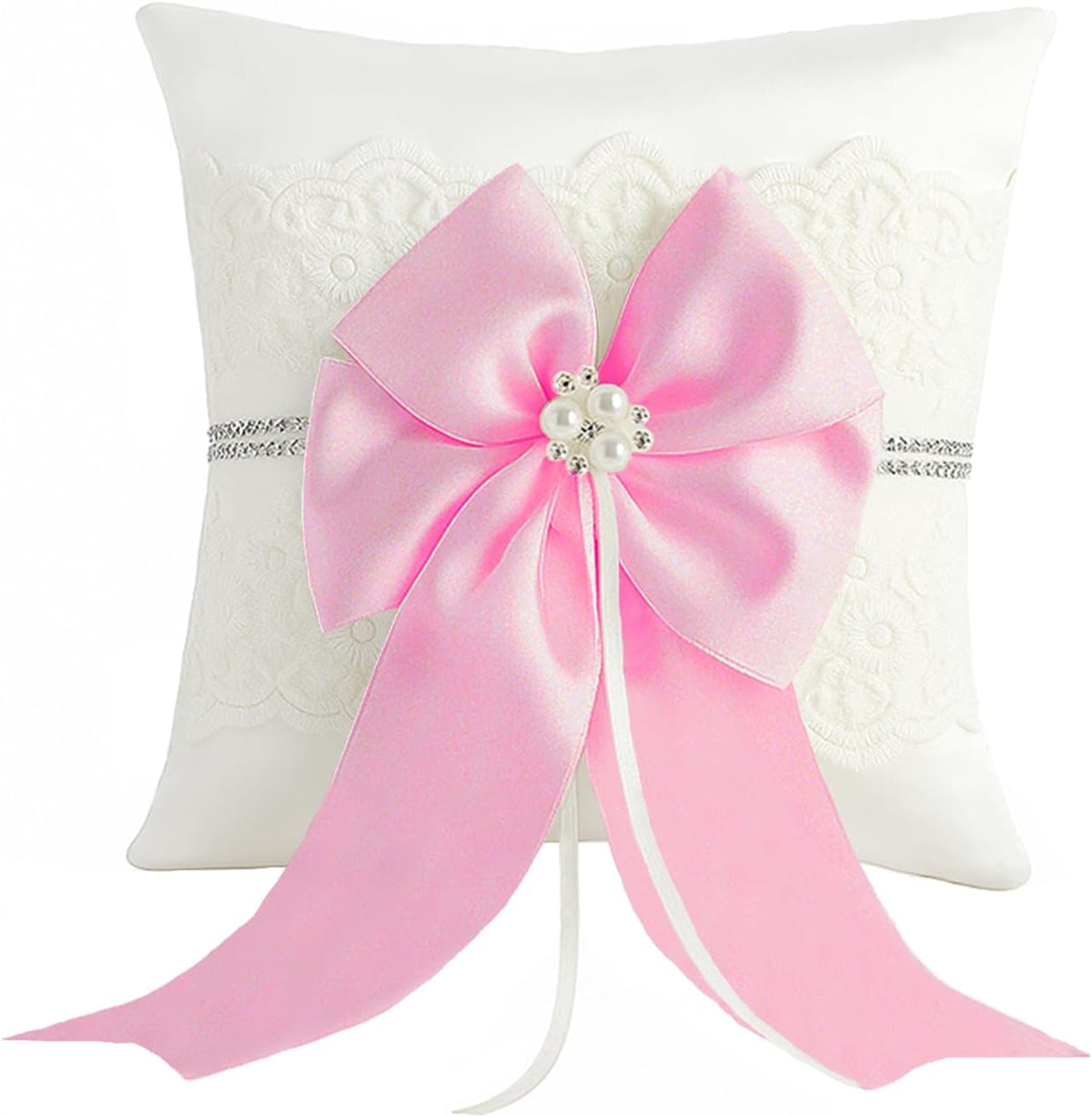Wedding Ring Bearer Pillow: 8.2 x 8.2 Inch Satin Lace Cushion with Pink Pearl Bow for Ceremony Vows