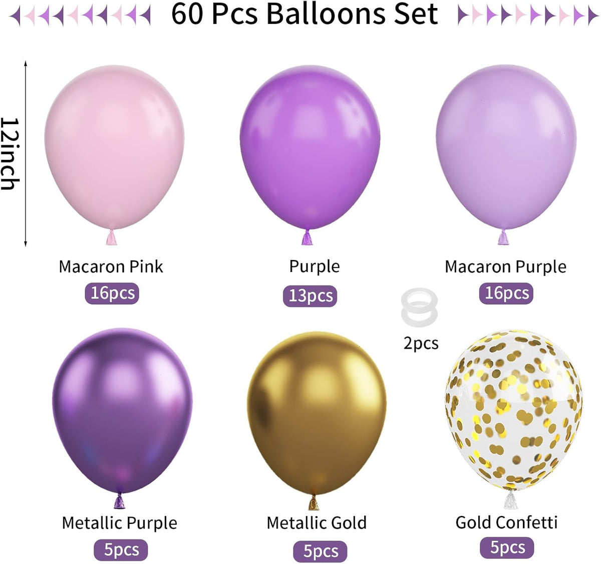 Pink and Purple Balloons, 60Pcs Pastel 12 Inch Metallic Gold Confetti Latex Balloons for Girls