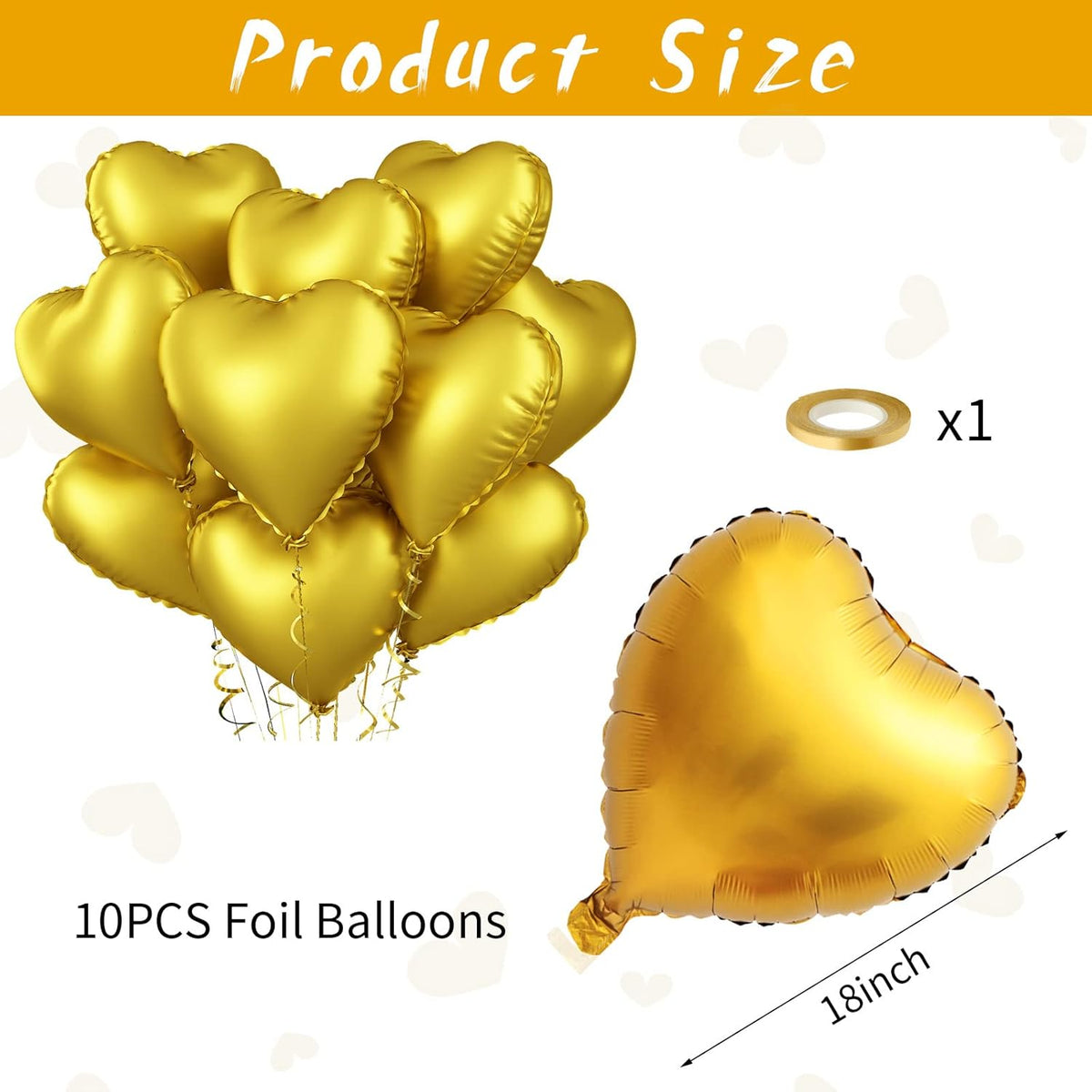 Foil Heart Balloons Gold - 10PCS Heart Shaped, 18inch Metallic Love Foil Balloons for Helium