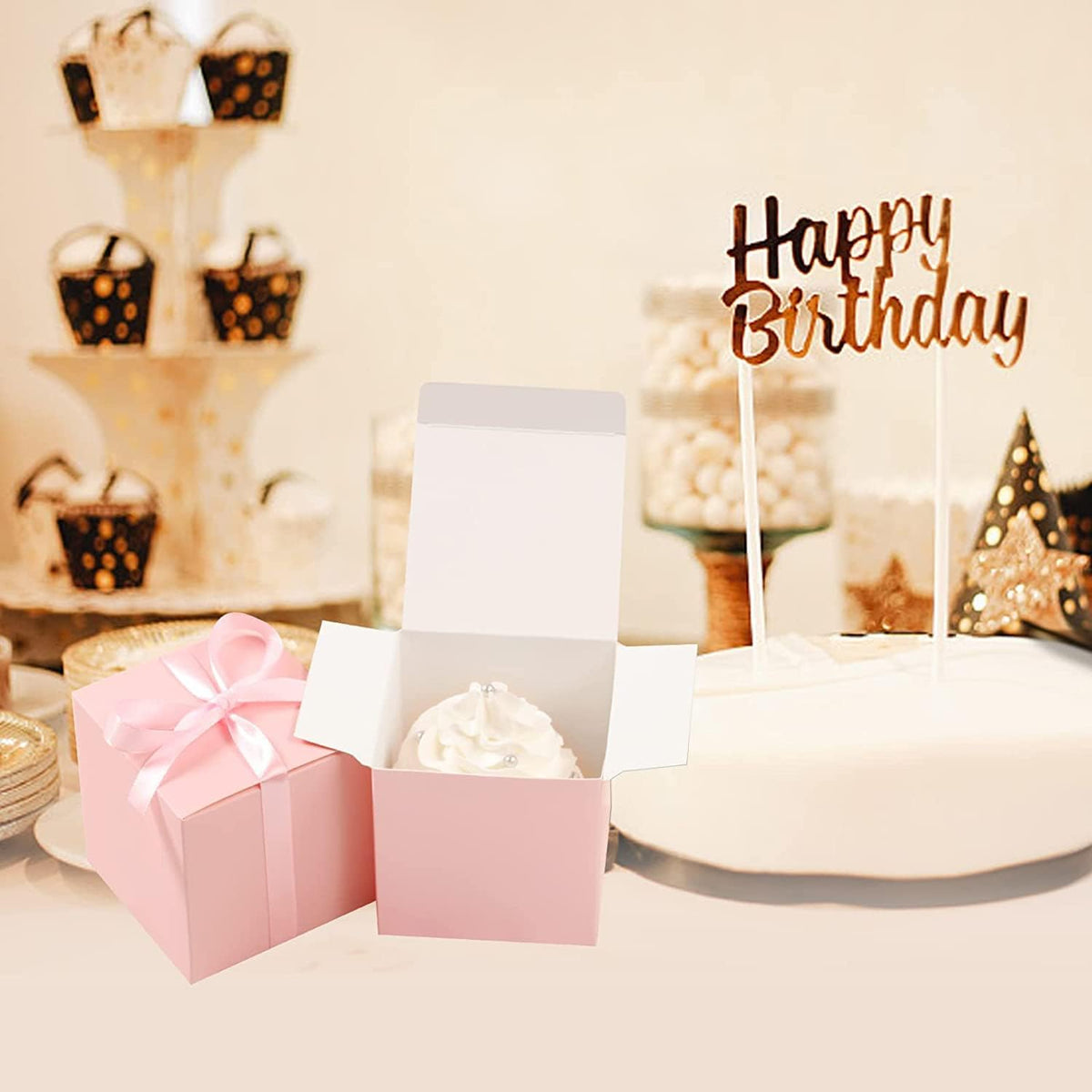 COTOPHER 25pcs Pink Wedding Favor Boxes, 3x3x3 Inch Gift Boxes with Ribbons for Wedding, Baby