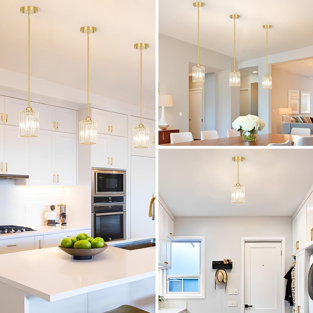 Gold Kitchen Pendant Lights Over Island with Adjustable Rods - Crystal Pendant Lighting Fixtures 3