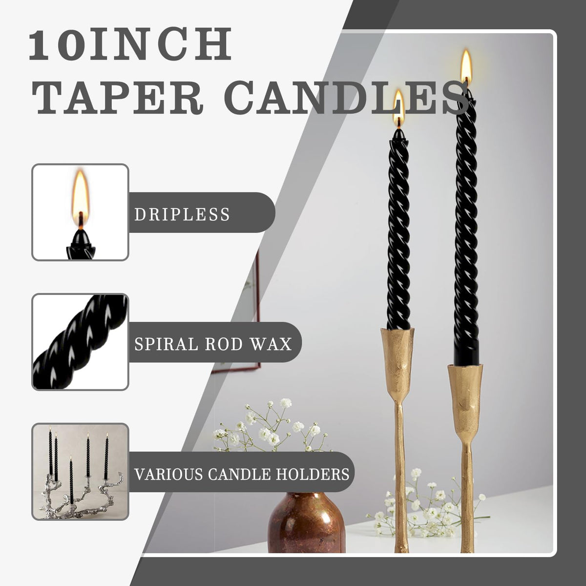 12-Pack 10' Tall Black Spiral Taper Candle Set - Dripless, Smokeless for Halloween&Christmas