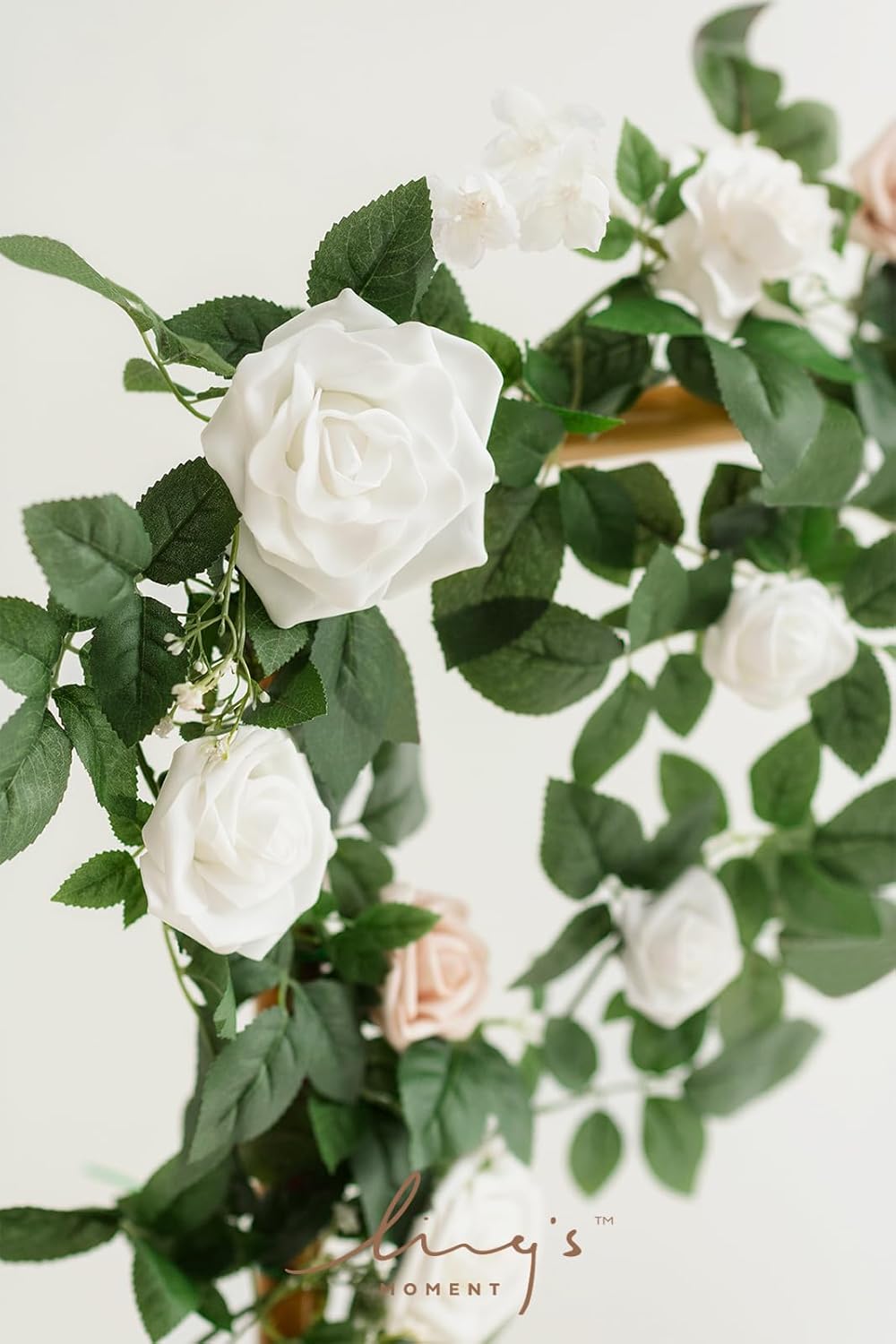 Ling's moment 5FT White Artificial Flower Garland Fake Rose Green Leaves Floral Garland Arch