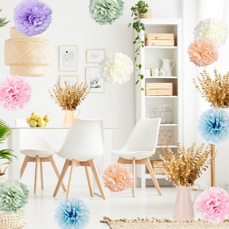 Pastel Rainbow Party Decorations in Colorful Tissue Paper Pom Poms Blush Pink Purple Peach Mint