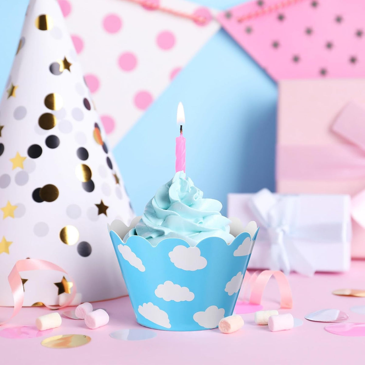 Domensi 100 Pcs Sky Clouds Blue Party Cupcake Wrappers Cloud Cupcake Liners Baking Cups Baking