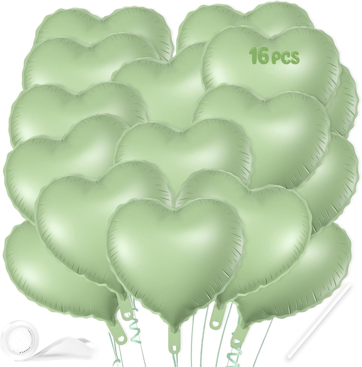 16 Pcs Heart Balloons, 18 Inch Olive Green Love Heart Shaped Foil Balloons for Wedding Anniversary