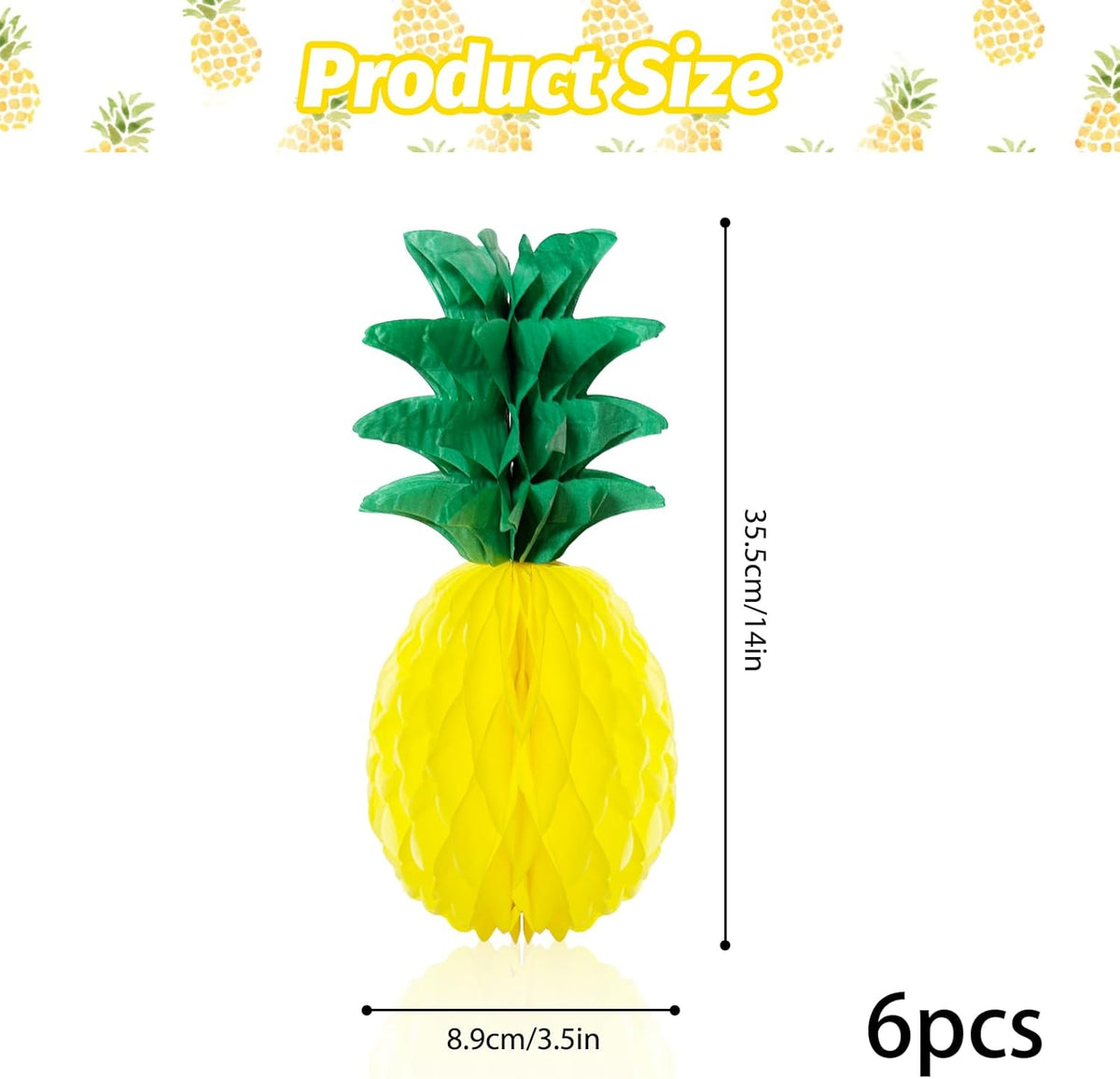 6 Pack 14 Inch Pineapple Honeycomb Decorations, Standing Tissue Paper Centerpieces, 3D Tropical