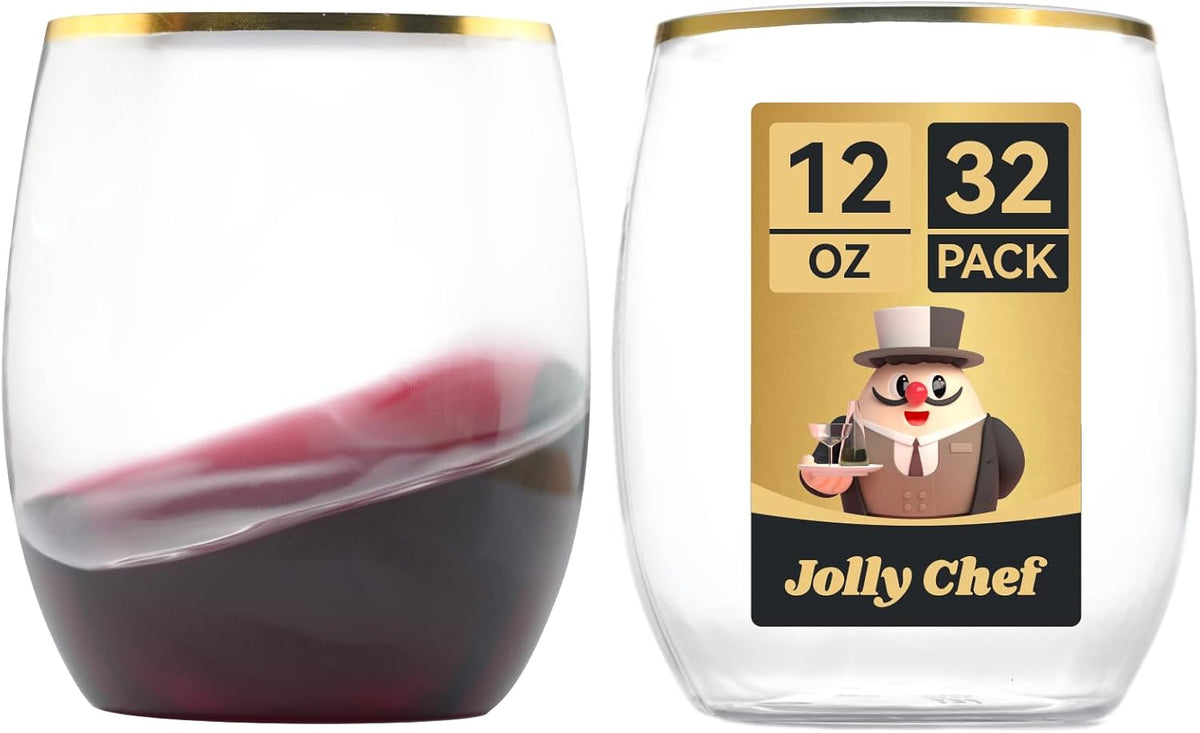 JOLLY CHEF 32 Pack 12oz Gold Plastic Wine Glasses Stemless, Disposable Wine Cupsty, Disposable