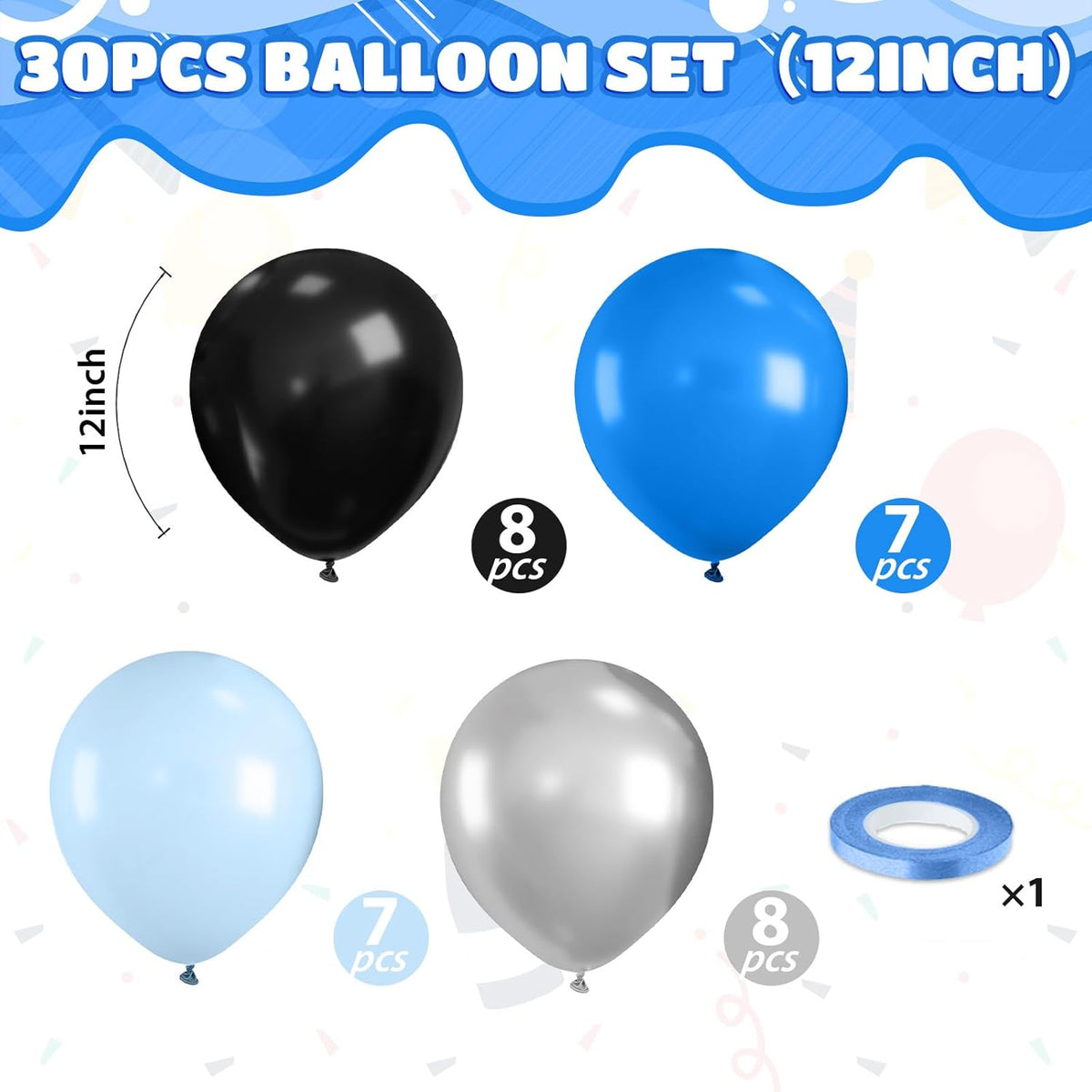 Blue and Black Balloons,12 Inch Dark Blue and Silver Black Pearl Light Blue Balloons for Boys