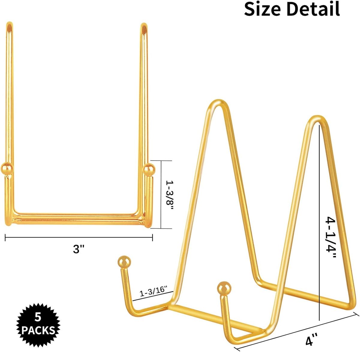 IBosins 5 Pack 4 Inch Plate Holder Display Stands, Metal Gold Frame Stand for Picture, Book, Photo