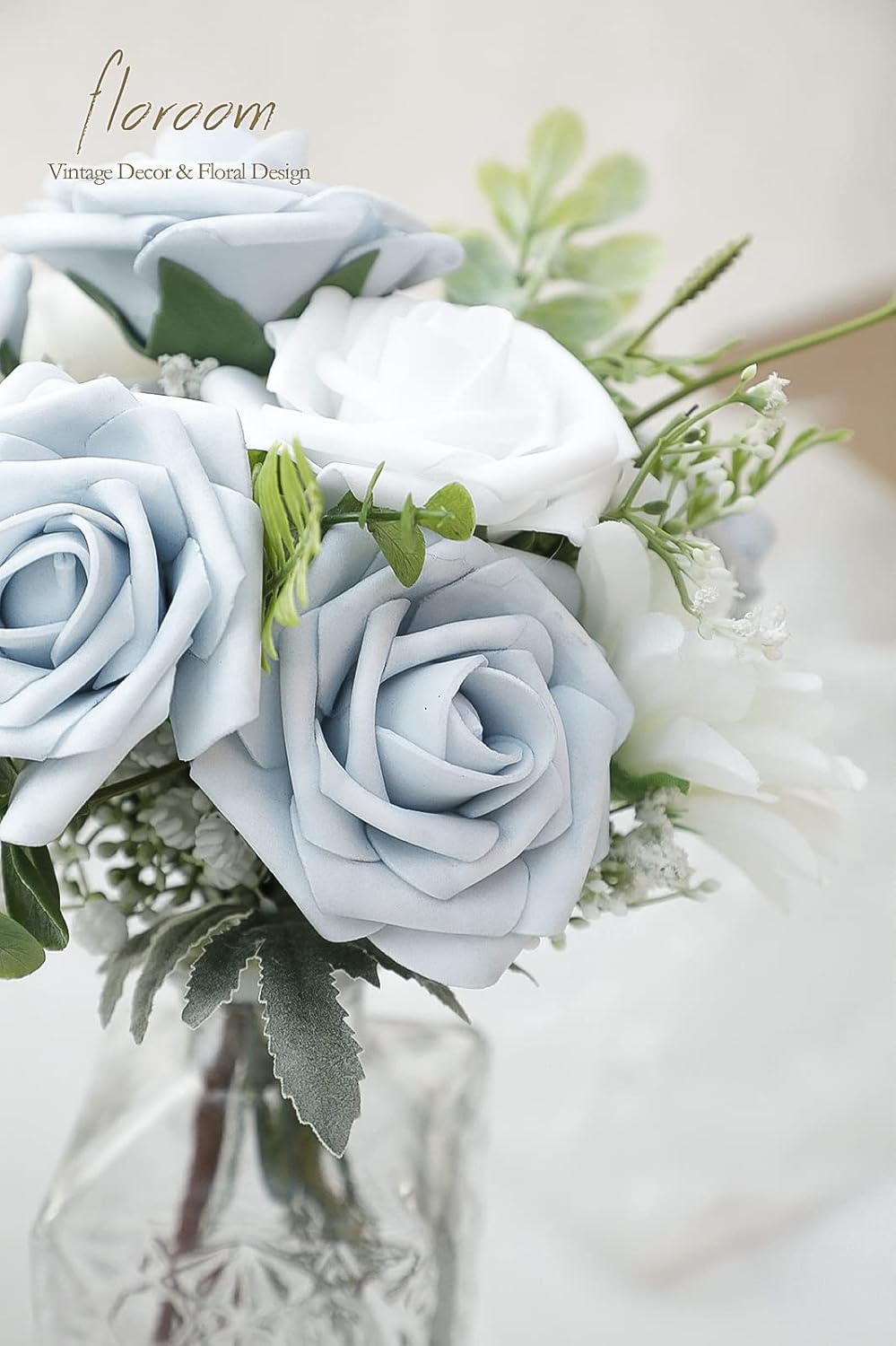 Floroom Artificial Flowers 50pcs Real Looking Powder Blue Foam Fake Roses with Stems for DIY