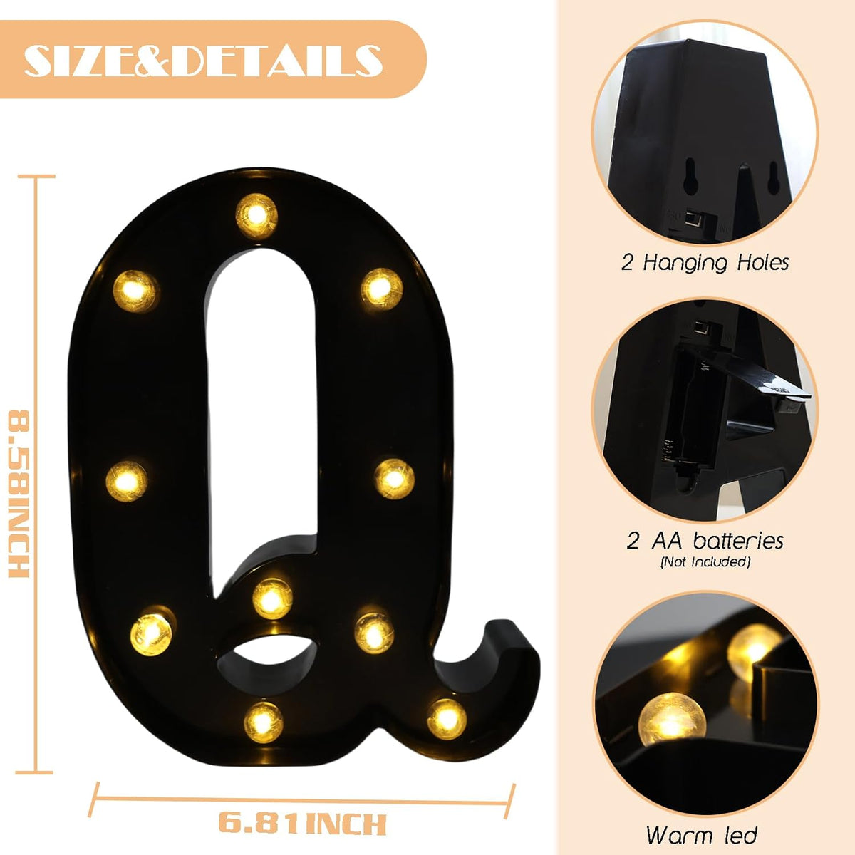 Led Marquee Letters, 8.58 Inch Black Light Up Letters, Small Led Letter Lights, Battery Powered