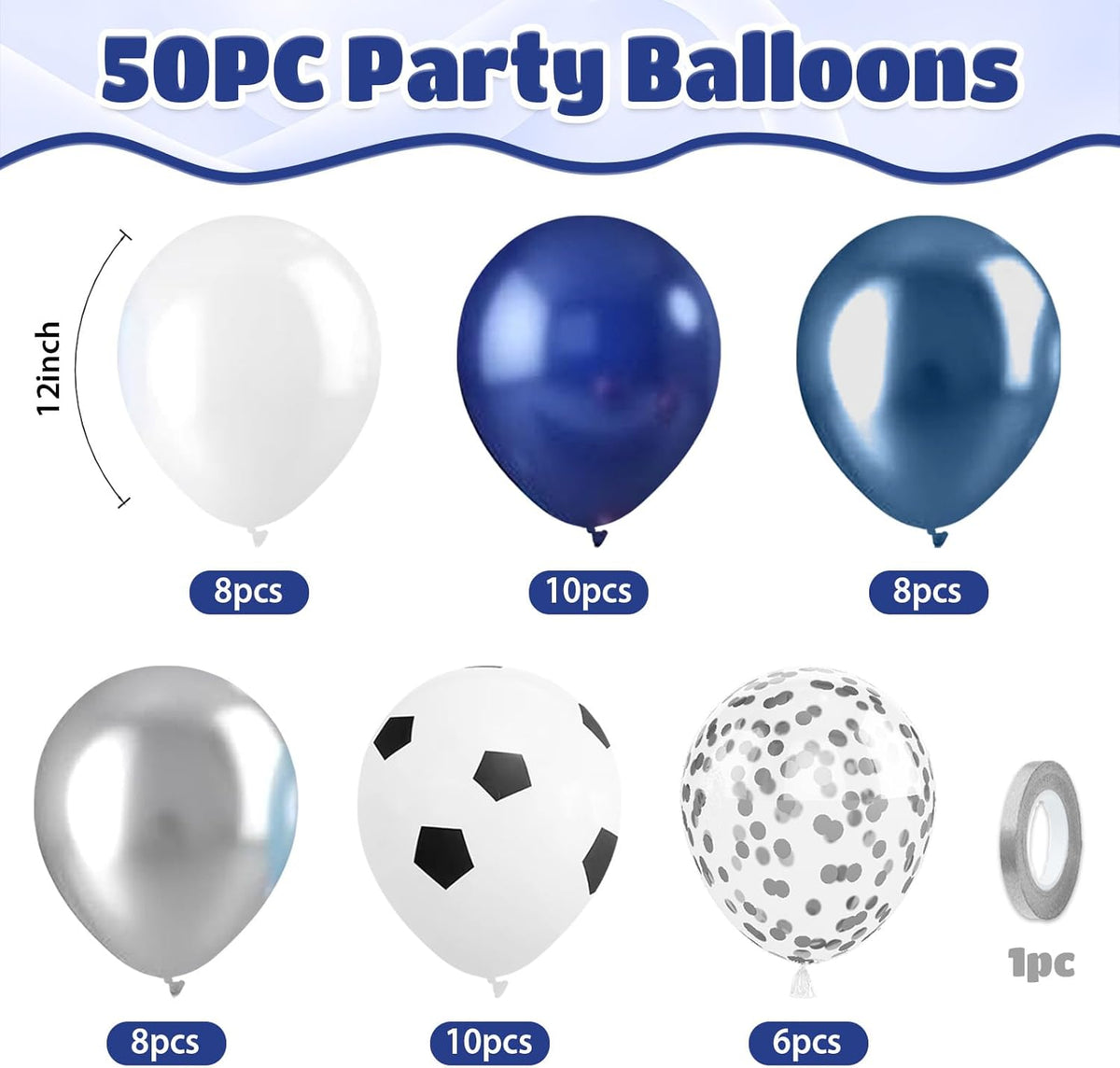 Soccer Balloons, 50pcs Metallic Blue Silver Balloons, White Pearl Navy Blue Balloon, Silver