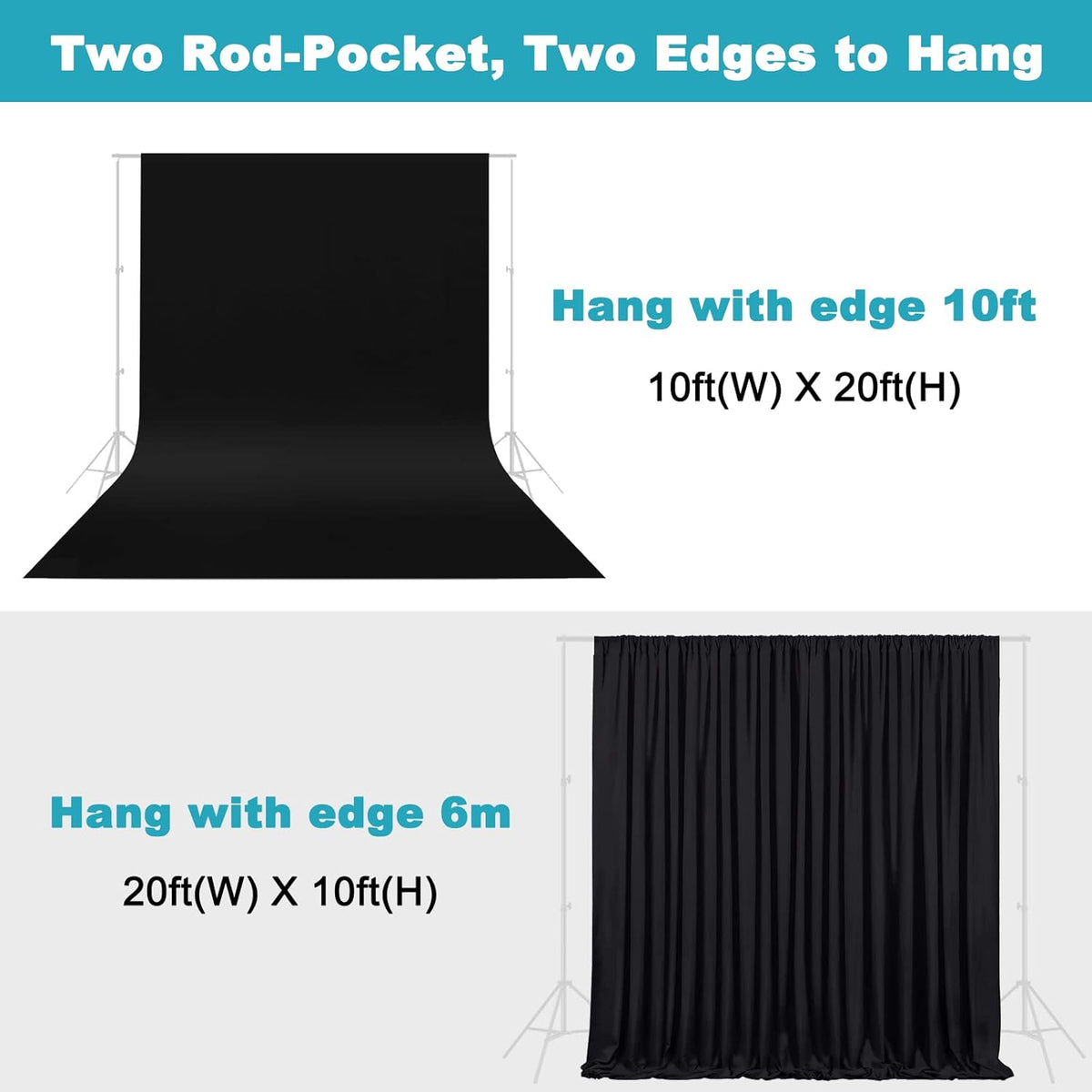 10X20ft Black Photo Backdrops for Photography, LCUIRC Two Rod Pocket Backdrops Curtain for Parties
