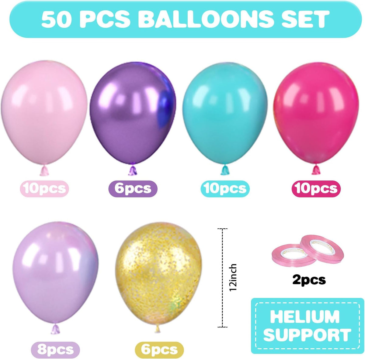 Teal Pink Purple Balloons, 12 Inch Princess Balloons, Pastel Pink Teal Purple Metallic Gold
