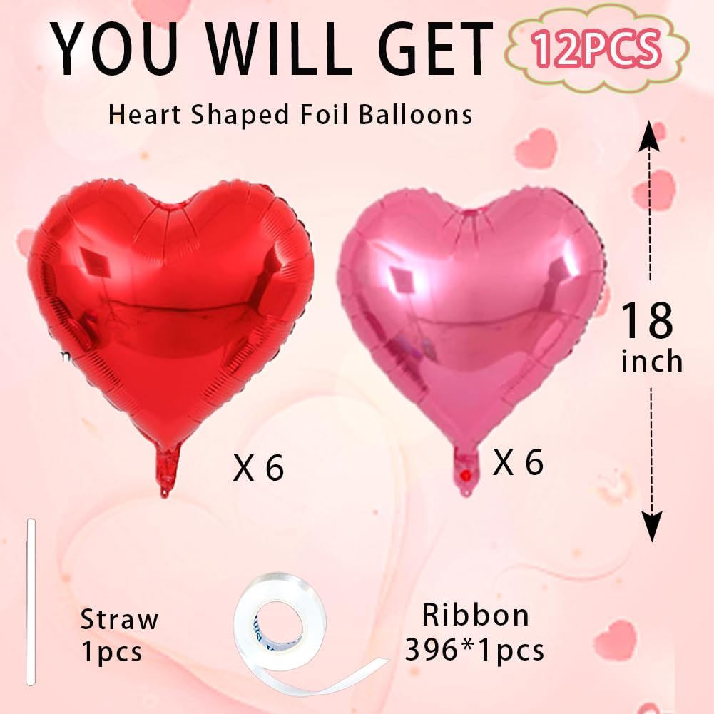 18inch Pink Heart Balloons,6Pcs Bright Pink Heart Shaped Foil Balloons & 6Pcs Red Helium Mylar