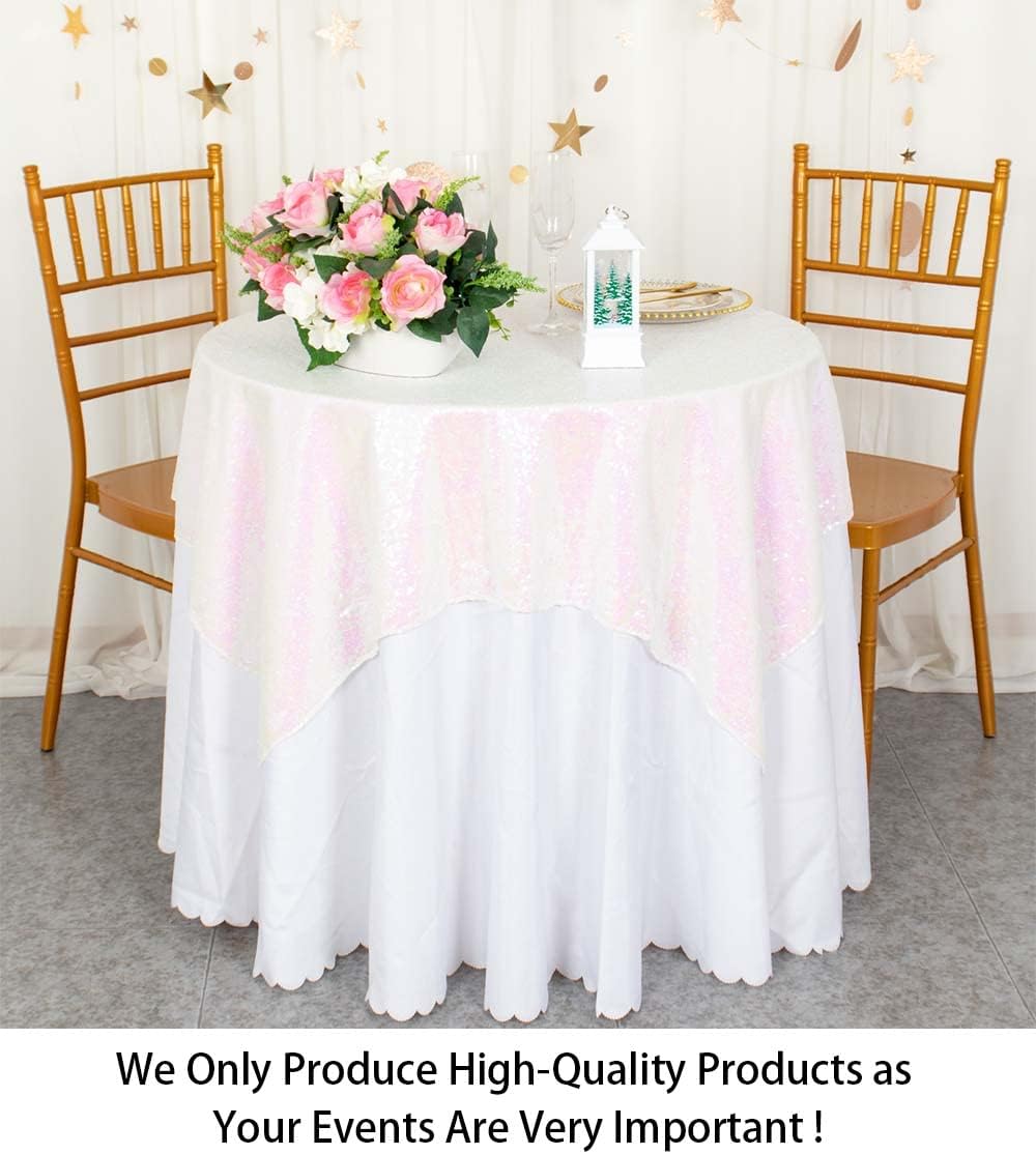 ShinyBeauty Sequin Tablecloth - Square 54x54-Inch Iridescent White Table Cloths for Round Table