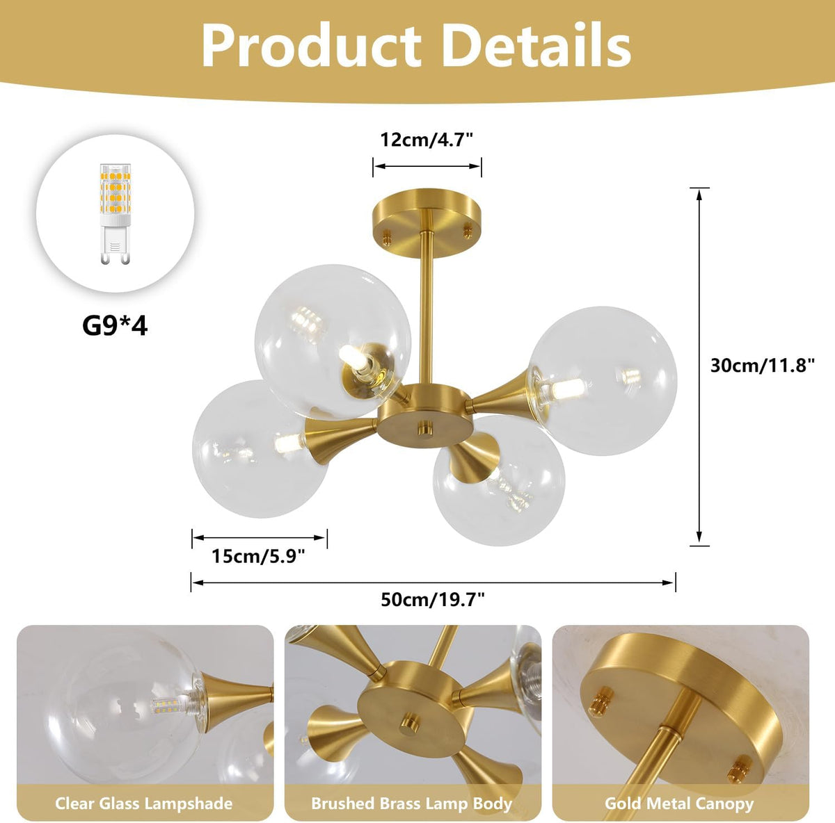 KCO Lighting 4-Lights Modern Globe Semi Flush Mount Ceiling Light Mid Century Brushed Brass