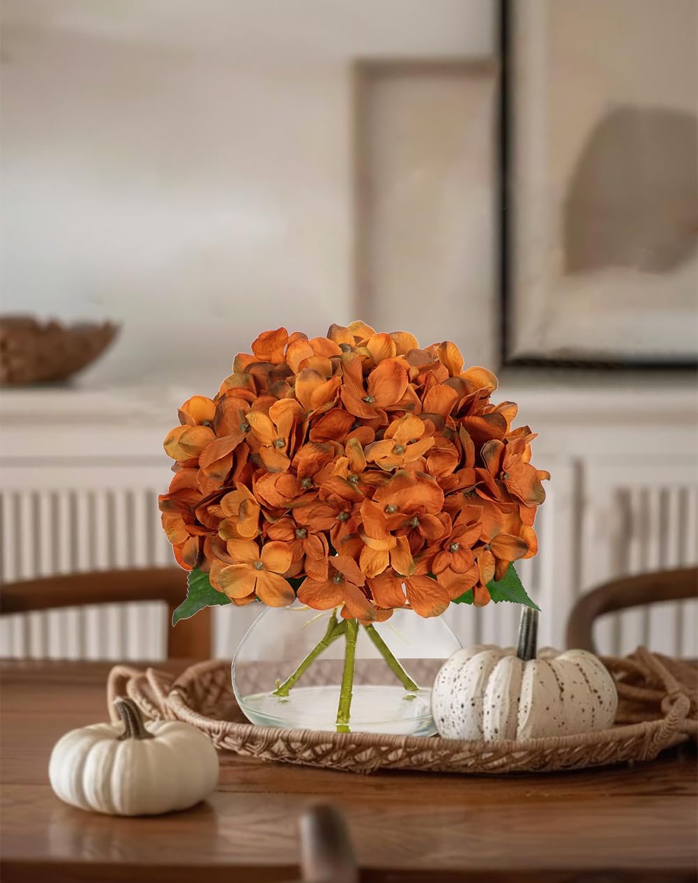 Hollyone Dark Orange Fall Hydrangea Artificial Flowers for Decoration with Glass Vase Silk Faux